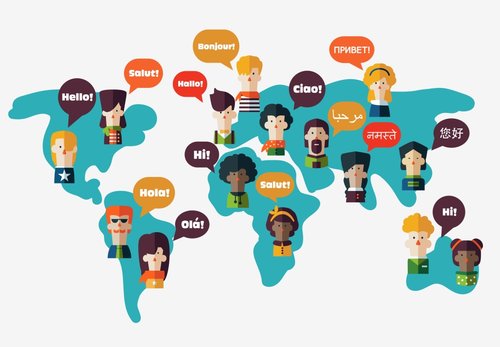 cartoon heads spread out on a map with word bubble saying hello in various languages